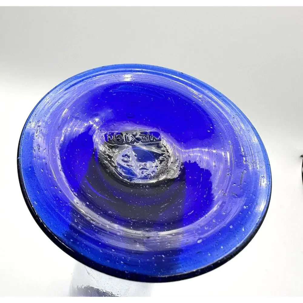 Vintage Mexican Hand Blown footed Glass Vase Cobalt Blue Rim & Base 9''